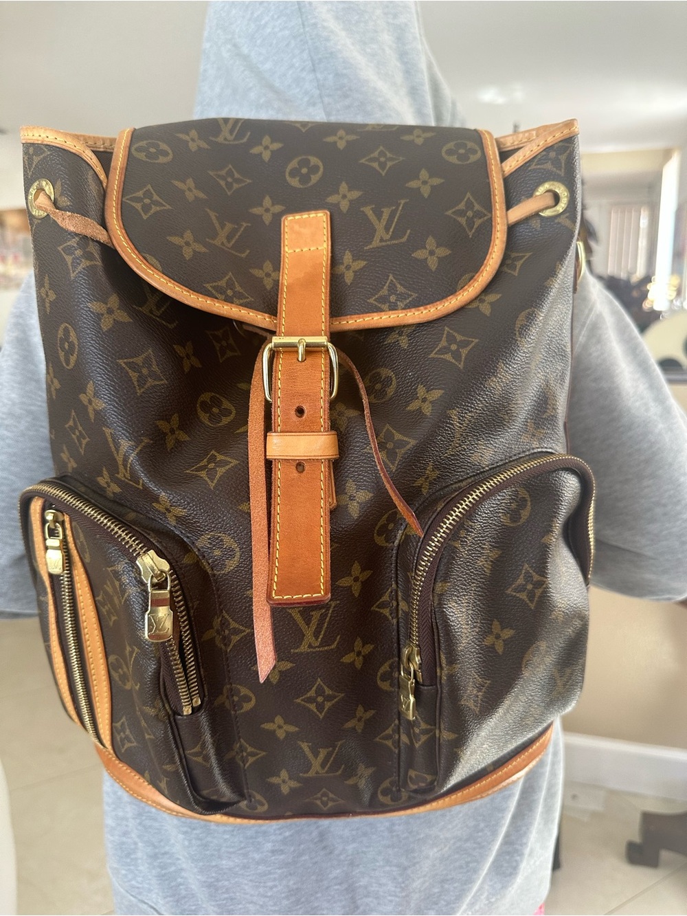 Louis Vuitton Unisex Monogram Canvas Backpack with Tan Leather Trim